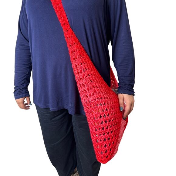 Handmade Crochet Pink Red Slouchy Oversized Crossbody Bag Purse Tote Beach Y2K - Picture 8 of 8